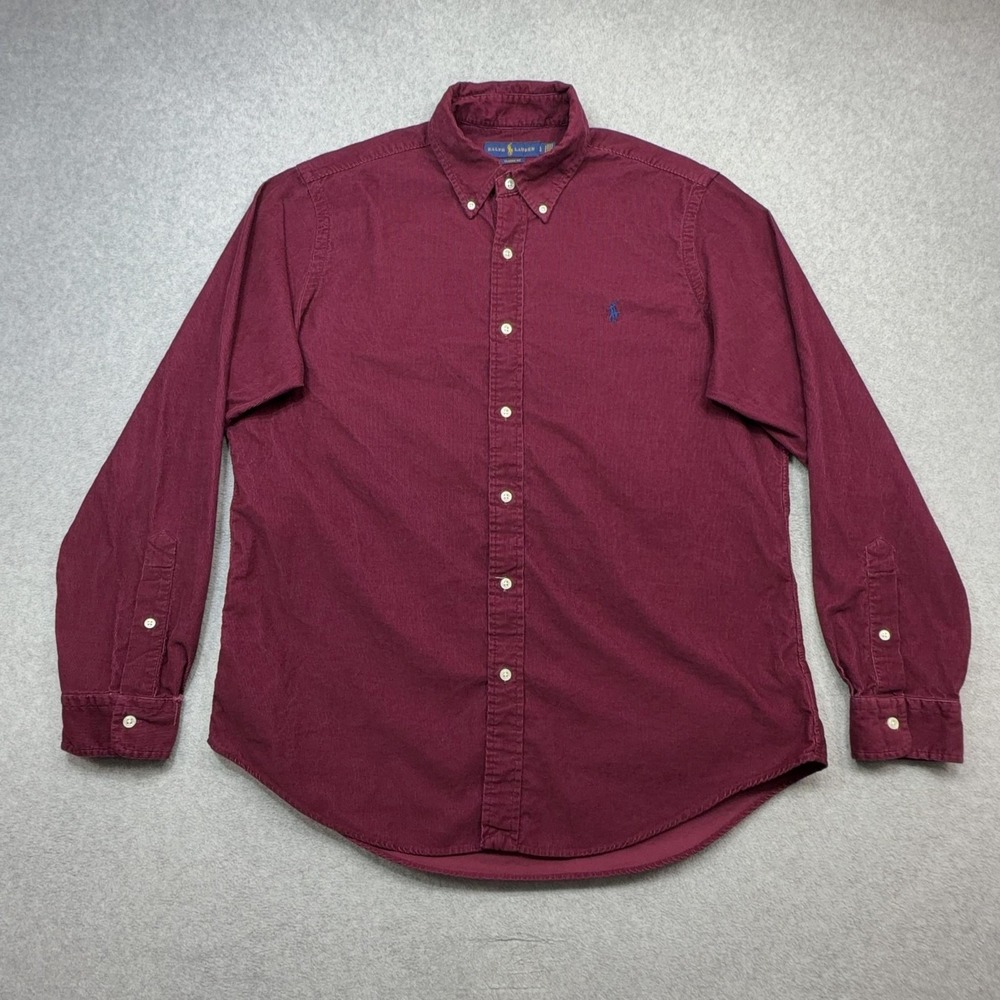Ralph Lauren Corduroy Shirt Men Large Burgundy Long Sleeve Classic Fit Fine Wale